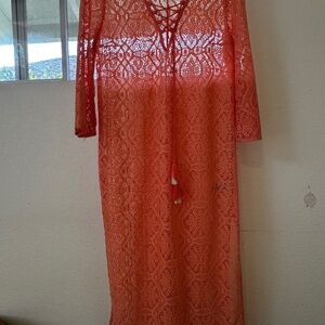 Anthropologie Women’s Lace Coverup Maxi Dress Coral Orange Size Small